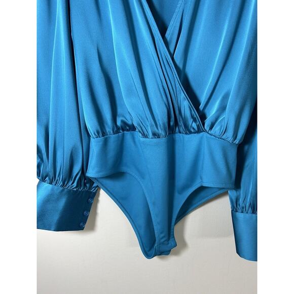 Sergio Hudson Teal Crossover Satin Bodysuit Womens Long Sleeve Blouse Sz XS - Picture 4 of 10